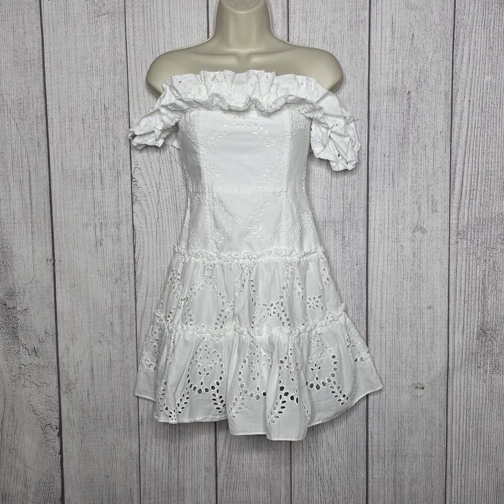 Zara White Eyelet Off Shoulder Romantic Cottagecore Prairie Mini Dress, sz XS